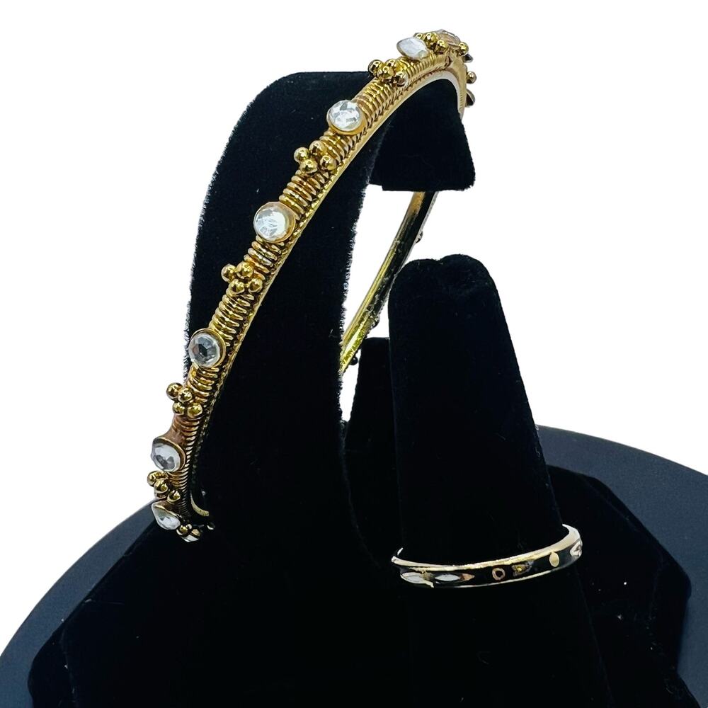 Vintage Brass Gold Overlay Bangle Bracelet & CZ Size 8 Ring Set w/ Black Details